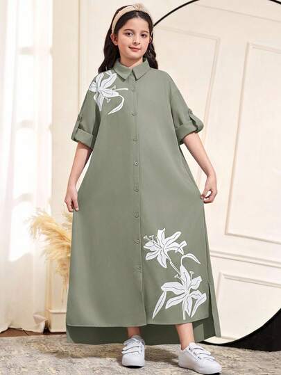 SHEIN 青少年女孩宽松休闲花卉印花短袖衬衫裙，高低长款