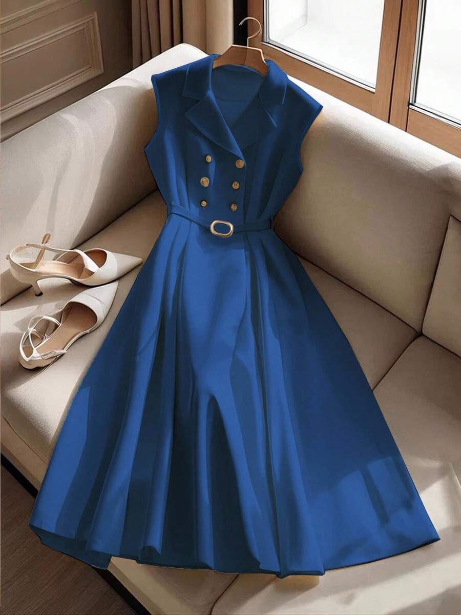 SHEIN Clasi Women Solid Color Belted Double Button Sleeveless Mid-Length Dress - Blue - View 1