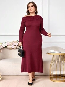 Modelyn Plus Size Women Faux Cashmere Off-Shoulder Bodycon Dress Winter Fall Autumn - Burgundy - View 3