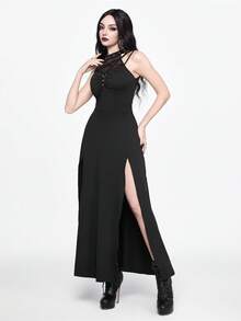 ROMWE Goth 女士时尚朋克拼布渔网吊带紧身开衩中长连衣裙 - 黑色 - 查看 6