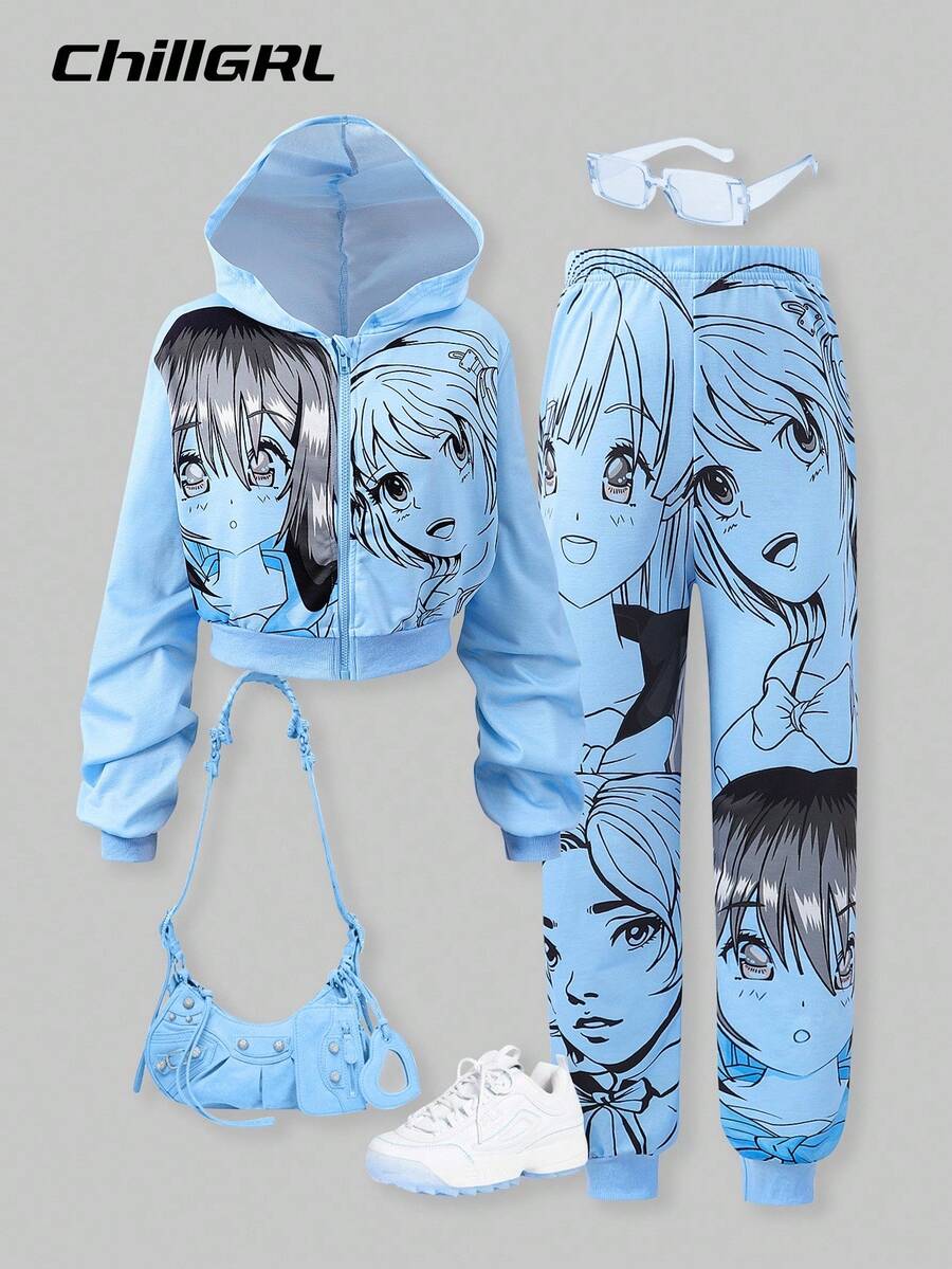 SHEIN ChillGRL Teen Girl 2pcs Cartoon Print Hoodie Jacket And Pants Set - Blue - View 1