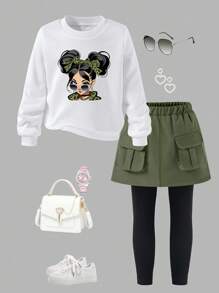 2pcs/Set Setelan Anak Perempuan Kasual Chic Hoodie dengan Desain Grafis dan Rok Kargo dengan Legging, Cocok untuk Musim Gugur/Musim Dingin/Musim Semi - MultiWarna - View 2