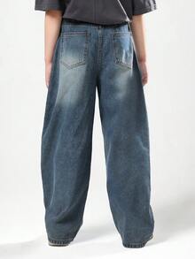 SUMWON Pantalones vaqueros de pierna ancha para niñas con estilo vintage desgastado, corte de barril, suaves y cómodos para uso casual, moda de otoño e invierno, diseño clásico retro - Azul - Ver 4