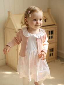 SHEIN Baby White,Autumn,Matching Family Peter Pan Collar Sleeveless Pink Dress And Long Sleeve Crew Neck Cardigan Set,Cute Fall Homecoming Hoco Dresses - Baby Pink - View 3