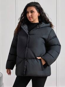 EURMUSE Plus Size Quilted Padded Coat With Big Hood – Blackout Chillcore Edit - Black - View 3