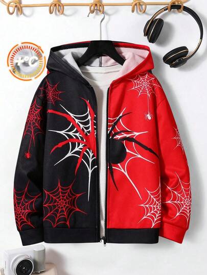 SHEIN 儿童/青少年男孩休闲街头蜘蛛网和蜘蛛印花连帽拉链厚针织夹克，适合通勤、上学、休闲、旅行、运动、春夏秋冬、万圣节