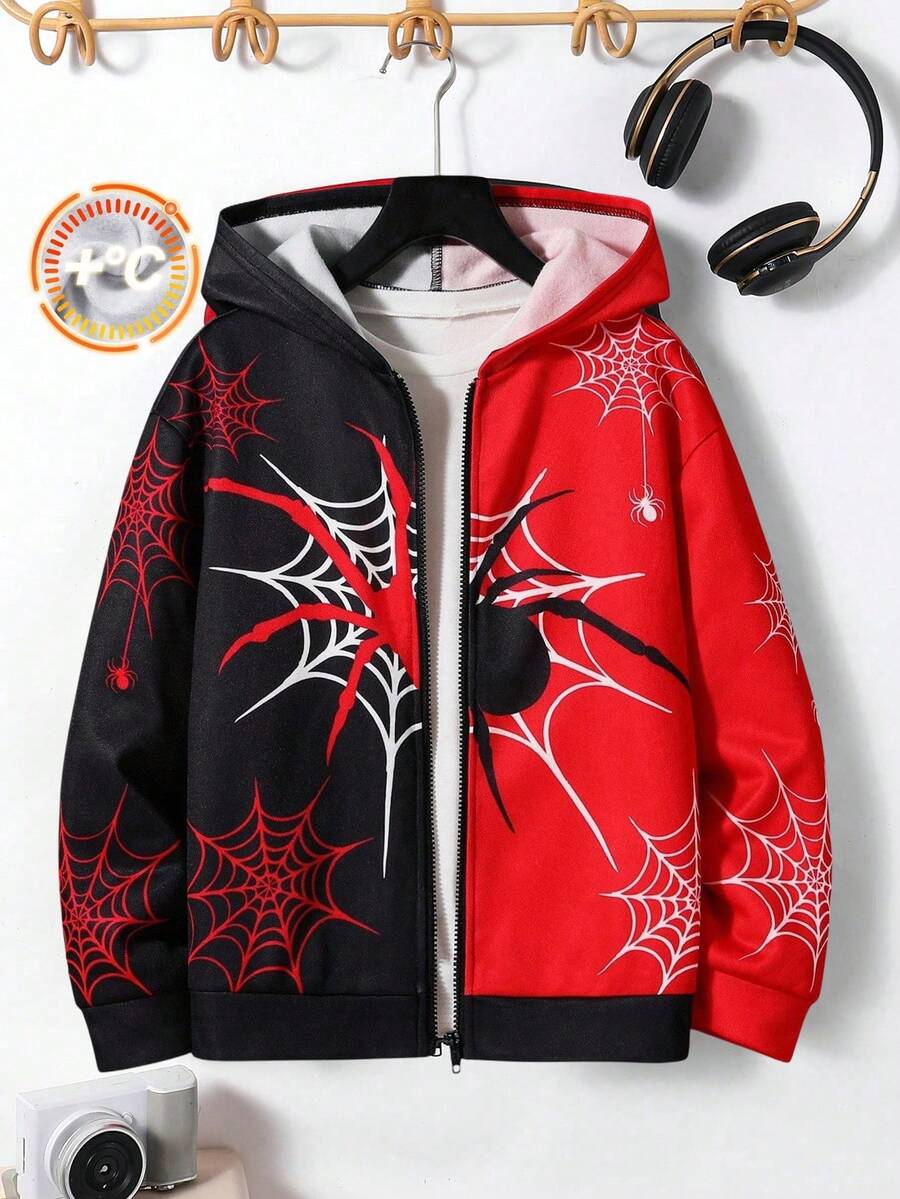 SHEIN 儿童/青少年男孩休闲街头蜘蛛网和蜘蛛印花连帽拉链厚针织夹克，适合通勤、上学、休闲、旅行、运动、春夏秋冬、万圣节 - 紅色 - 查看 1