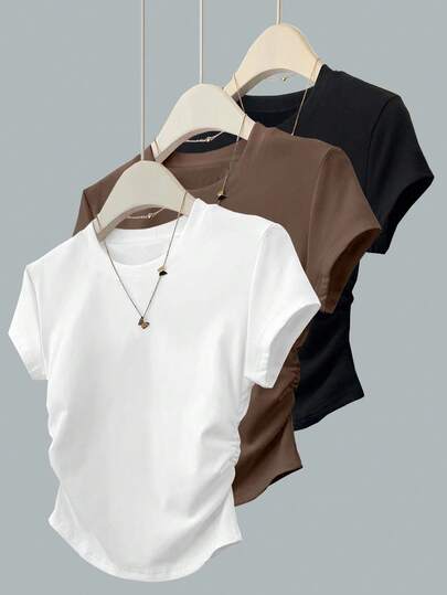 INAWLY Women's Slim Fit Minimalist Pleated Plus Size T-Shirt