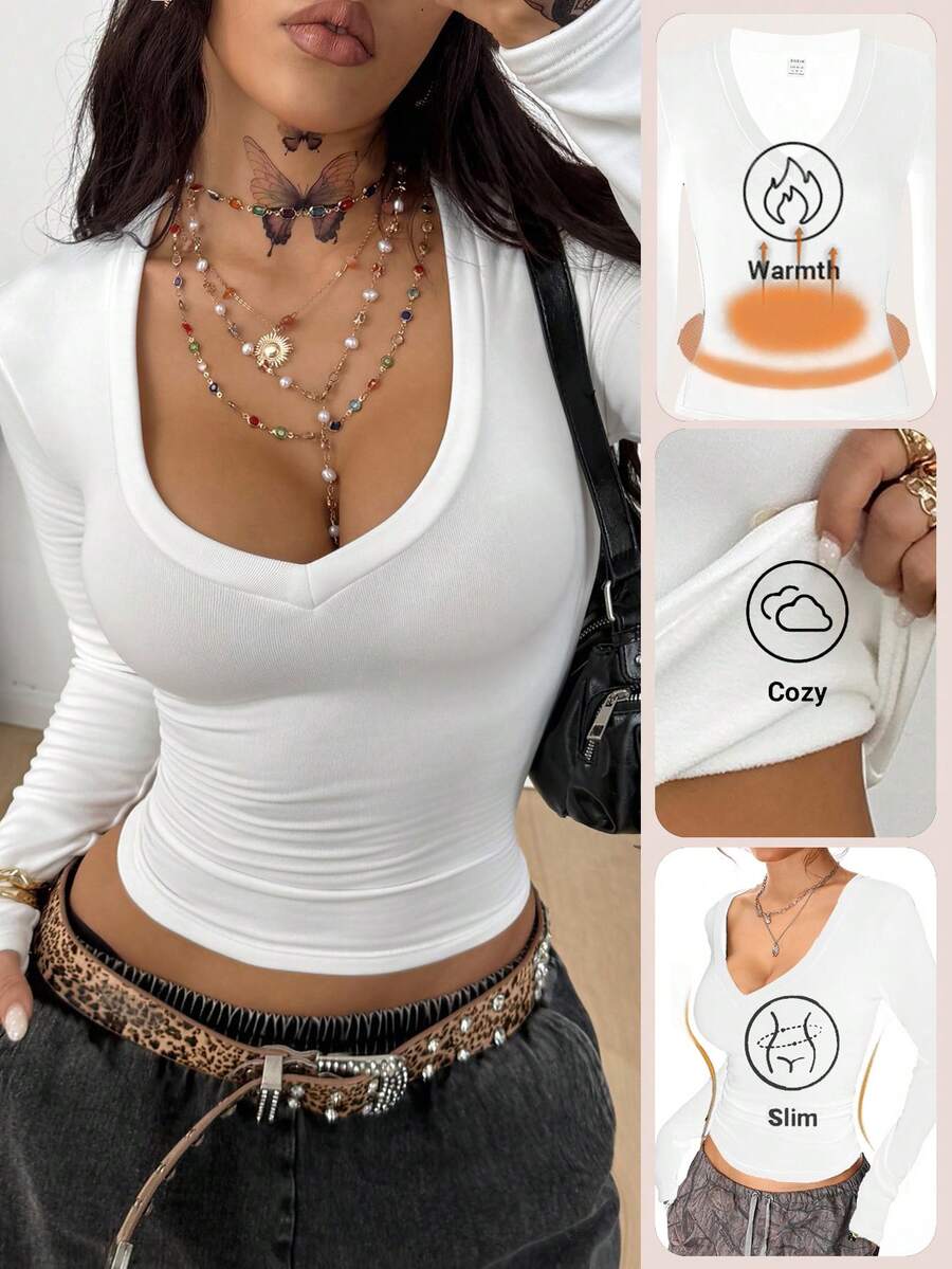 Coolane 女士秋冬日常外出必备休闲街头风白色弹力舒适微绒V领长袖T恤保暖内衬可爱上衣 - 白色 - 查看 1