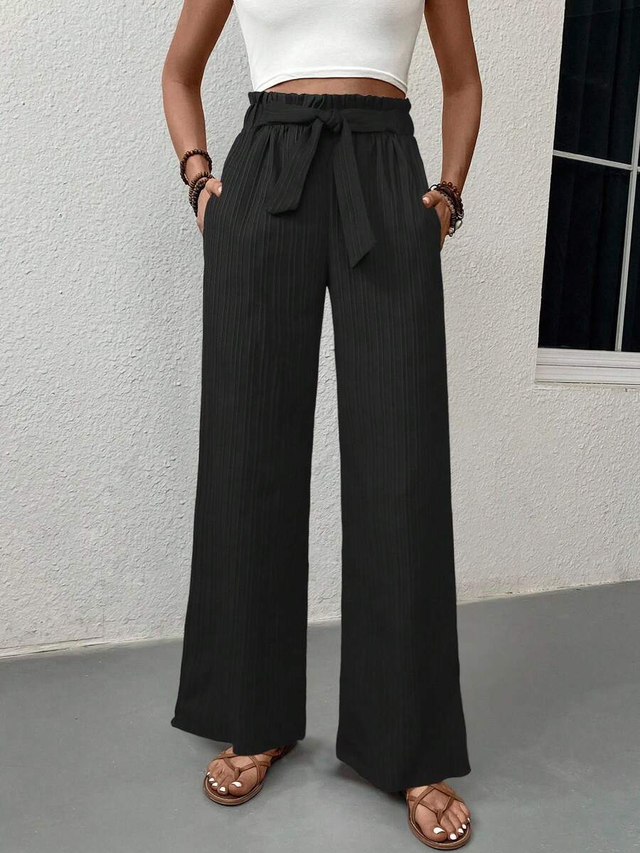 SHEIN LUNE Nếp gấp cao eo Thắt lưng Quần chân thẳng - màu đen - Xem 1