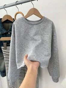 SHEIN Tween Girls 深灰色短款连帽衫，高腰长袖休闲简约纯色运动衫，适合秋冬日常休闲穿着 - 灰色 - 查看 3