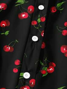 Mellowie 加大码梭织面料半袖衬衫，带有鲜艳的樱桃图案和领口，女士假日服装女士衬衫短袖可爱樱桃上衣樱桃衬衫女士樱桃印花衬衫女士夏季衬衫女士别致衬衫