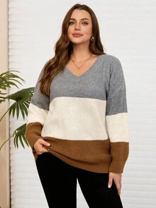 EMERY ROSE Plus Size Women Casual Colorblock V-Neck Long Sleeve Pullover Sweater Fall Clothes For Women Fall Clothes Plus Size Fall Sweaters Winter Coat Women Women's Winter Sweater  Fall Sweaters
