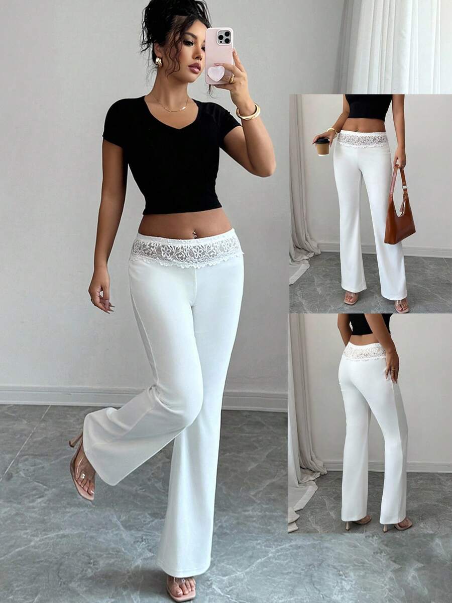 EMERY ROSE Women's Casual & Commuting Low Waist Contrast Lace Flare Pants Fall Cloth For Women - White - View 1