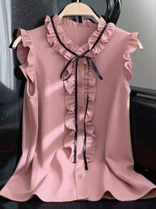 Franclia 休闲宽松荷叶边无袖衬衫，优雅女士红色夏季上衣 - 藕粉色 - 查看 4