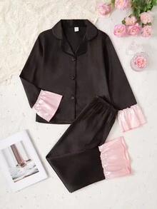 2pcs Elegant & Sweet Solid Color Girls' Long Sleeve Top And Pants Homewear Set Girls Pajama Set - Black - View 4