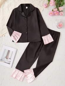 2pcs Elegant & Sweet Solid Color Girls' Long Sleeve Top And Pants Homewear Set Girls Pajama Set - Black - View 8