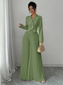 Elenzga 2Pcs Set Women Top With Button Closure Long Sleeve And Pleated Wide Leg Pants - Olive Green - View 1