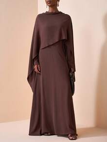 Zivah Cape-Style Asymmetrical Hem Loose Top & Round Neck Long Sleeve Dress Set,Fall - Brown - View 4