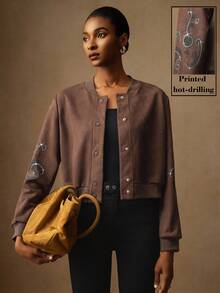 Lyxana Suede Print Rhinestone Decor Baseball Collar Button Front Casual Jacket For Women Fall Winter Cloth For Women - Coffee Brown - View 1