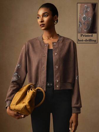 Vesra Suede Print Rhinestone Decor Baseball Collar Button Front Casual Jacket For Women Fall Winter Cloth For Women