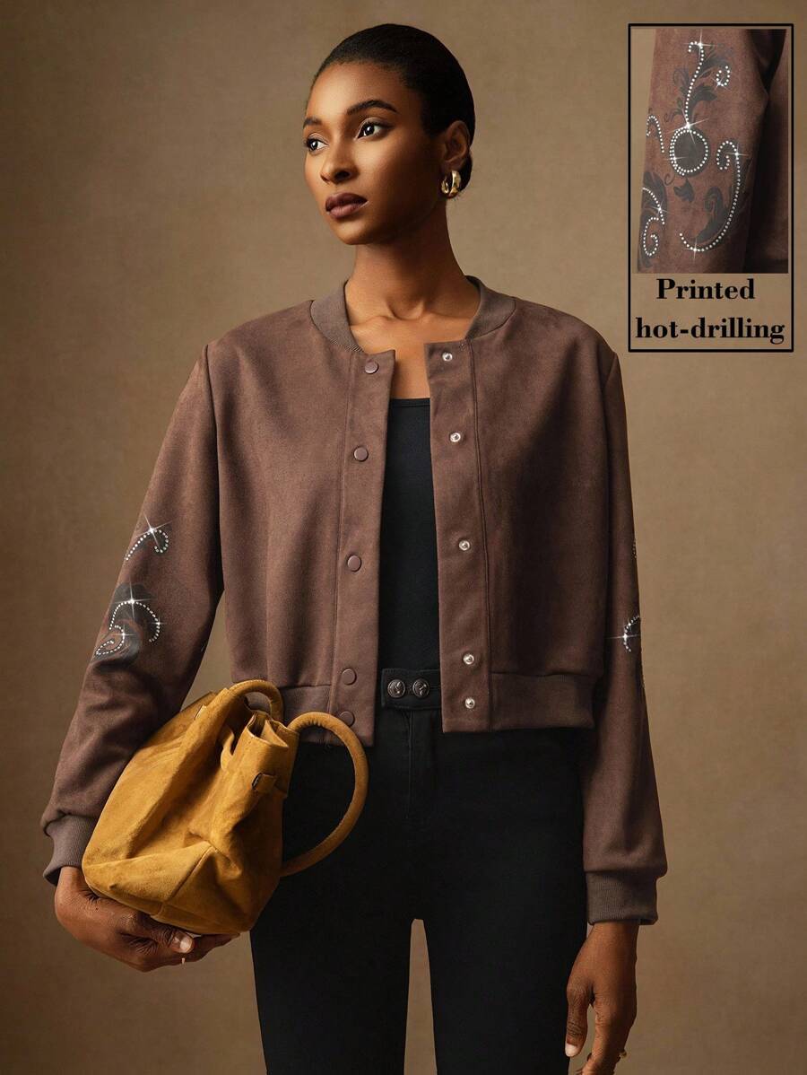 Lyxana Suede Print Rhinestone Decor Baseball Collar Button Front Casual Jacket For Women Fall Winter Cloth For Women - Coffee Brown - View 1