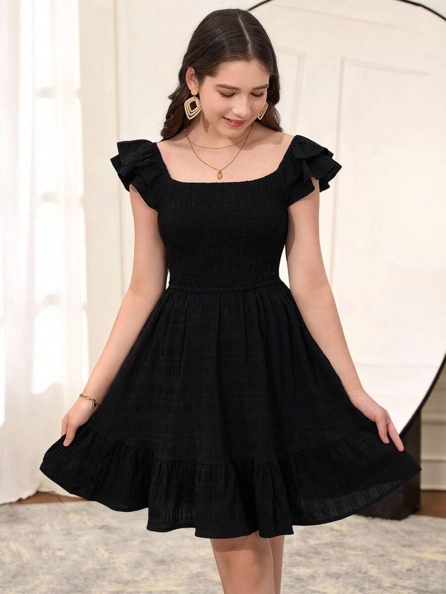 SHEIN 青少女編織短袖方領彈性腰假日休閒夏裝連身裙