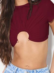 KIZN Top corto de manga corta con frente recogido en espiral, estilo de festival de verano, casual, esencial de todos los días, moda minimalista, declaración de moda, fiesta, club