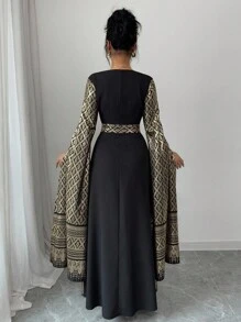 Rafferiza Fashionable Minimalist Square Collar Long Lantern Sleeve Foil Printed Spring & Summer Long Dress Fall Cloth For Women - Black - View 2