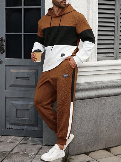 ResortEase Hanorac cu glugă casual pentru bărbați, model patchwork, cu talie și șnur, mărime mare, haine de toamnă