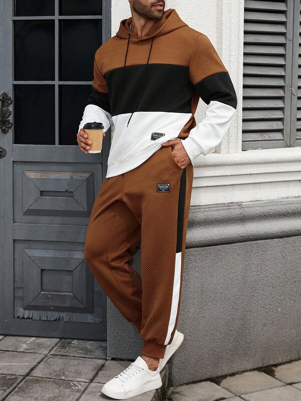 ResortEase Plus Size Men's Patchwork Casual Vacation Hoodie With Drawstring Waist Pants, Fall Clothes