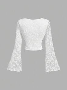 Tween Girl Casual Minimalist Comfortable Square Neck Flare Sleeve T-Shirt Fall Winter - White - View 3