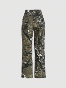 SHEIN MOD Jeans droits avec poches en biais et imprimé de branche, mode de rue pour femmes - Multicolore - Voir 2