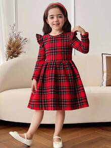 SHEIN 小女孩和妈妈一起穿的秋季格子针织荷叶袖休闲圣诞连衣裙 - 紅色 - 查看 6