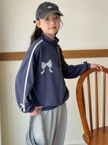 SHEIN 2pcs/Set Girls' Oversized Bow Decor Sweatshirt + Loose Fit Sweatpants, Navy Blue + Grey - Royal Blue - View 2