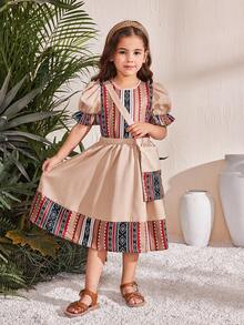 SHEIN 2pcs Young Girl Ditsy Floral Chiffon Shirt With Skirt Set And Crossbody Bag - Khaki - View 2