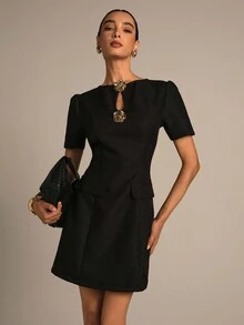 NOVVYNE Vestido de trabajo elegante de manga abullonada para mujer, vestido jacquard negro de línea A ajustado, vestido negro elegante con decoración metálica calada