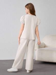 SHEIN Tween Girl Loose Casual Puff Sleeve Colorblock Shirt And Pants Set With Round Neck - Apricot - View 2