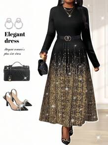 Fleurora 大码女式圆领长袖闪光印花优雅连衣裙，适合优雅派对、通勤和办公室