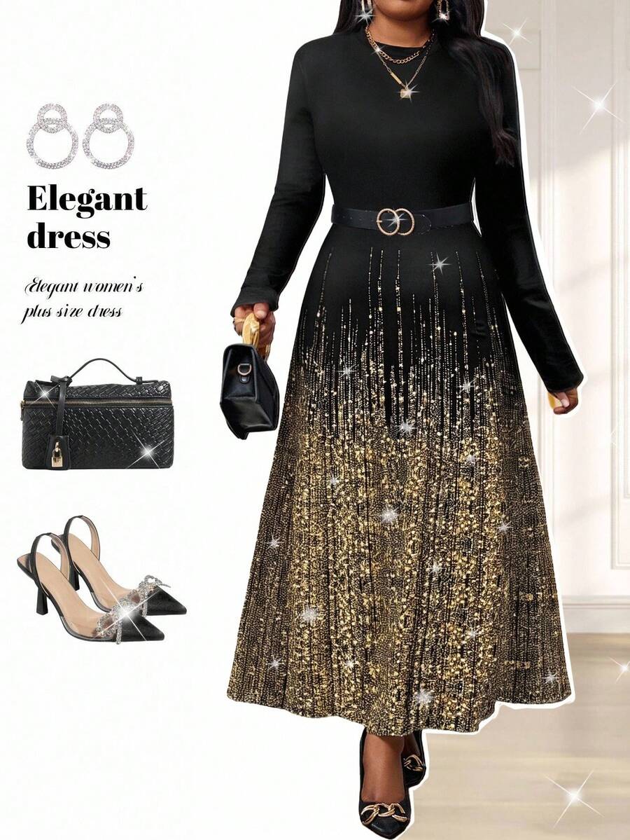 Fleurora 大码女式圆领长袖闪光印花优雅连衣裙，适合优雅派对、通勤和办公室