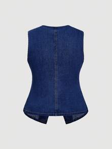 SHEIN MOD Blusa de mezclilla de talla grande con cuello redondo, abotonada al frente y sin mangas - Azul lavado oscuro - Ver 2