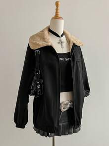 Elamini 女式黑色 PU 皮革和珊瑚绒领拉链夹克，宽松版型，带口袋，优雅设计，适合聚会、派对、休闲街头风格，适合秋冬季 - 黑色 - 查看 3