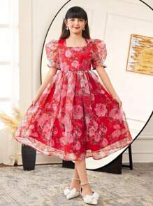 SHEIN Tween Girls' Fitted Floral Pattern Elegant Ruffle Neck Puff Sleeve Red Dress - Red - View 1