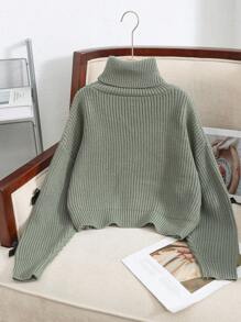 SHEIN Tween Girls' Casual Butterfly Decor Loose Fit High Neck Textured Oversized Green Pullover Sweater,In Fall/Winter - Green - View 2