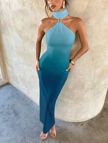 Aloruh Rochie elegantă sexy cu cataramă metalică, albastru degradat, cu decor, mulată, elastică, elegantă pentru întâlniri, rochie Ombre pentru toamnă/iarnă, petrecere, haine de femei de toamnă, ținute de club - alb - Vizualizare 3