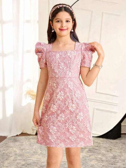 SHEIN Vestido de fiesta elegante para niña preadolescente, manga gigot, ajustado, cuello cuadrado, vestido de satén con tejido jacquard floral, color rosa, adecuado para fiesta de San Valentín