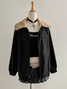 Elamini 女式黑色 PU 皮革和珊瑚绒领拉链夹克，宽松版型，带口袋，优雅设计，适合聚会、派对、休闲街头风格，适合秋冬季 - 黑色 - 查看 5