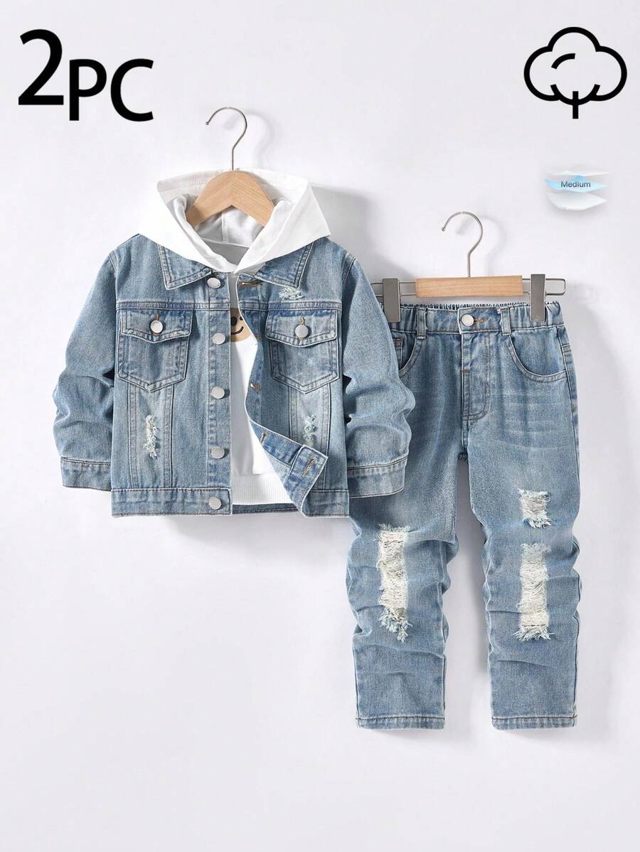 男童两件套服装：破洞牛仔夹克 + 直筒破洞牛仔裤，时尚街头风格幼儿男童牛仔套装，新品上市 - 中等水洗藍 - 查看 1
