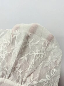 INAWLY 女士秋季撞色蕾丝荷叶边下摆优雅衬衫，长袖女士衬衫 - 杏色 - 查看 7