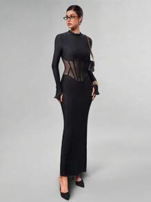 Avenya 女式腰部镂空半透视长袖连衣裙 - 黑色 - 查看 5